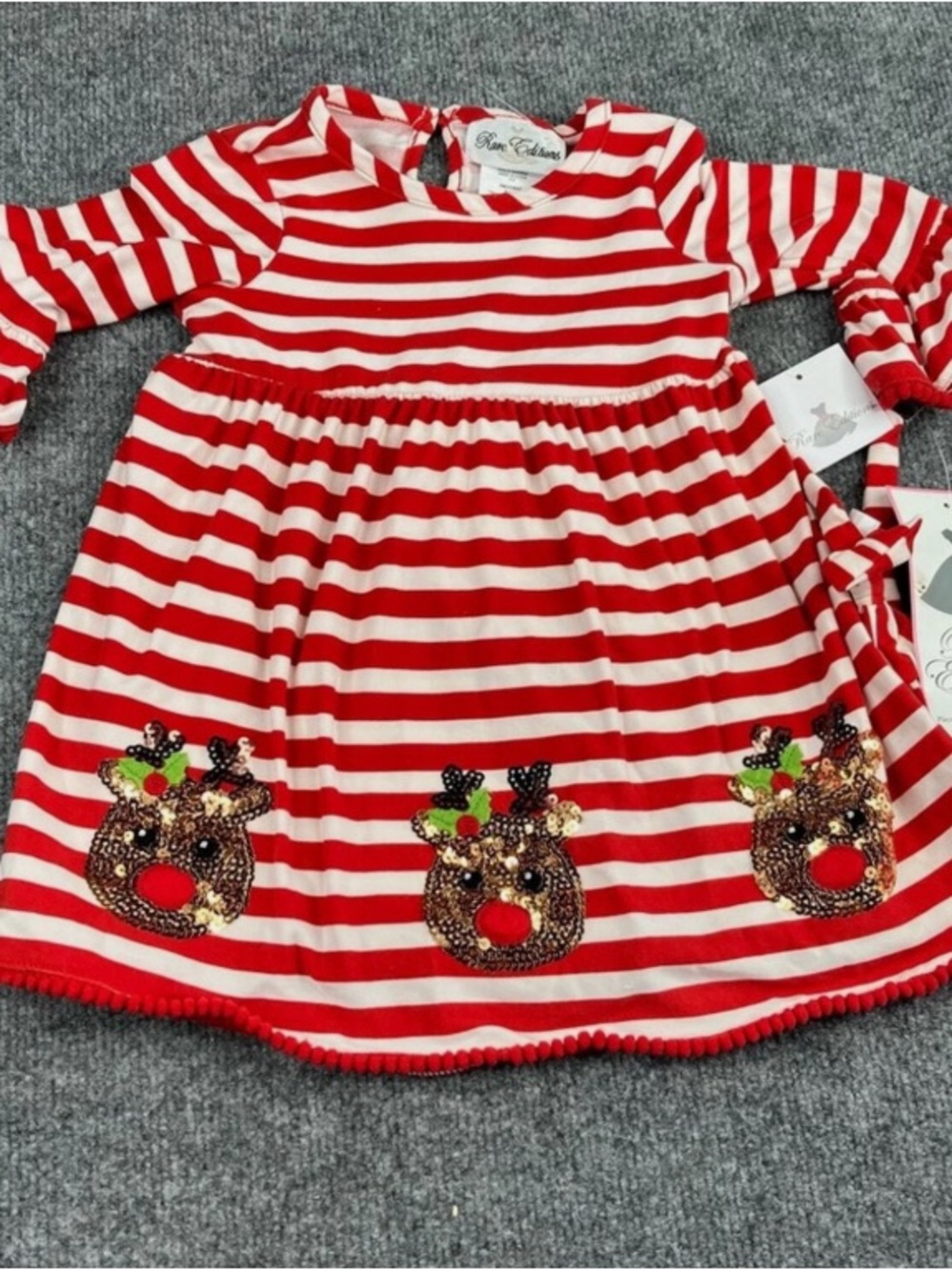 Rare Editions Red and White Striped Reindeer Appliqué Dress